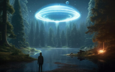 Wall Mural - Alien spacecraft descending on earth,created with generative ai tecnology.