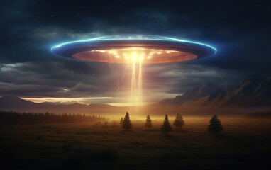 Wall Mural - Alien spacecraft descending on earth,created with generative ai tecnology.