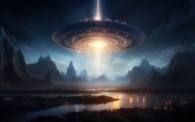 Wall Mural - Alien spacecraft descending on earth,created with generative ai tecnology.