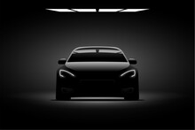 Car Dark Headlight Garage Background. Supercar Light Concept Modern Performance Power Silhouette In Night Vector Car Background.