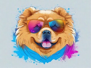 Wall Mural - Graphic tshirt vector of a cute happy Great Chow Chow dog, wearing sunglasses, detailed design, colorful, contour, white background 8k