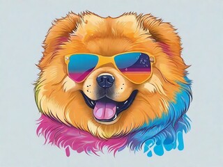 Wall Mural - Graphic tshirt vector of a cute happy Great Chow Chow dog, wearing sunglasses, detailed design, colorful, contour, white background 8k
