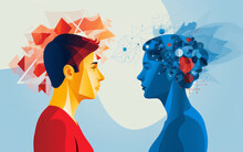 Flat Design Of Two People Facing Each Others With Ideas In Their Heads , Team Working Or Brainstorming Illustration Concept