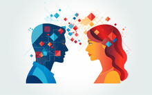 Flat Design Of Two People Facing Each Others With Ideas In Their Heads , Team Working Or Brainstorming Illustration Concept