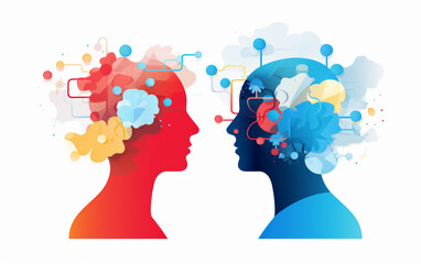 Wall Mural - Flat design of two people facing each others with ideas in their heads , team working or brainstorming illustration concept