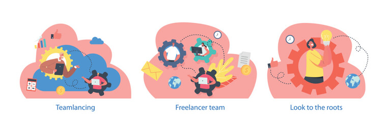 Wall Mural - Isolated Elements with Characters Perform Remote Teamwork Involves Collaborating And Achieving Goals Vector Illustration