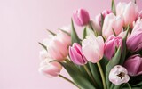 Fototapeta Tulipany - Bouquet of bright colorful tulips. Beautiful pastel pink floral background. AI Generative