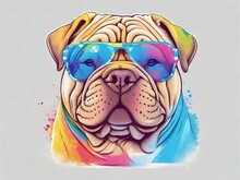 Graphic Tshirt Vector Of A Cute Happy Great Shar-Pei Dog, Wearing Sunglasses, Detailed Design, Colorful, Contour, White Background 8k