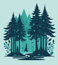 A Pine Forest Landscape ,magic, T-shirt Design, Vibrant Pale Green Colors