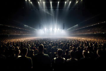 A crowd of people at a Ultra modern live event, concert, or ceremony. Large audience, crowd, or participants of a live event venue with bright lights above, generative AI