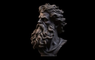 Wall Mural - Head of greek god sculpture, statue of a man with long beard on dark background. AI Generative