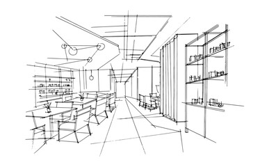 Poster - restaurant line drawing,a line drawing Using interior architecture, assembling graphics, working in architecture, and interior design, among other things.,house interior or interior design