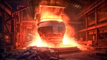 Liquid Iron Molten Metal Pouring In Container, Foundry Cast, Industrial Metallurgical Factory Background.

