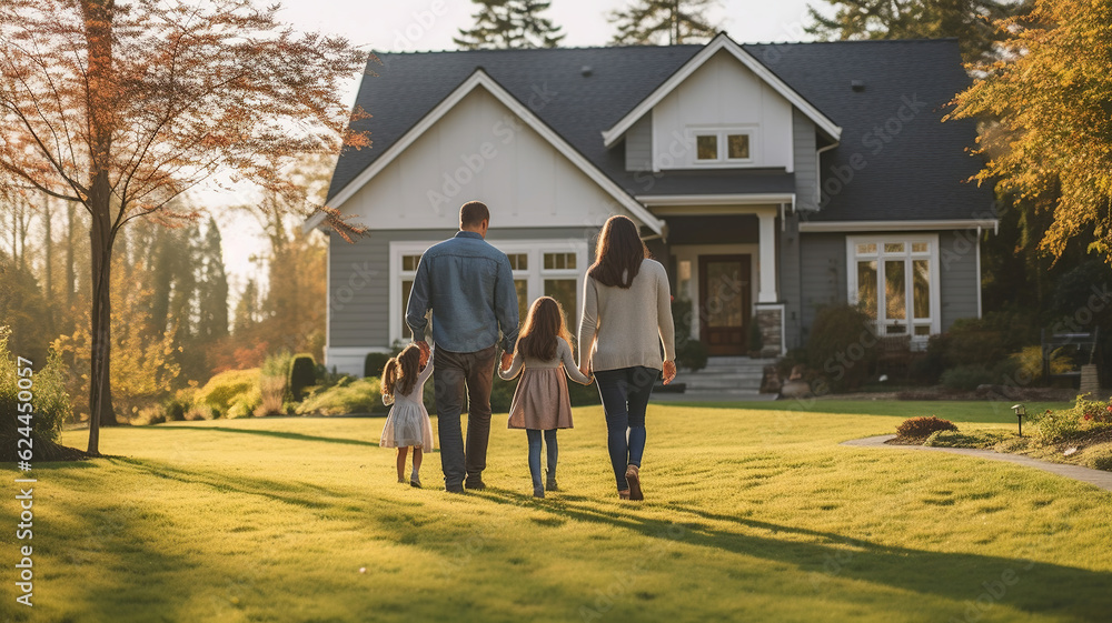 Rear View, Young family looking at their new home standing, real estate ...