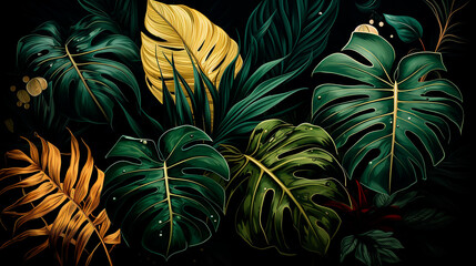  Green and gold tropical leaves on dark green background. Generative AI