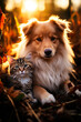 A dog and a cat are pals, sitting next to each other against the backdrop of autumn nature.