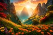 sunset in the mountains with lake in the spring AI GENERATED