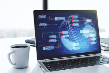 Wall Mural - modern computer screen with abstract graphic coding sketch and world map, big data and networking co