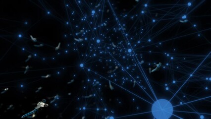 Connections of blue geometric shapes and flying insects on a black background.