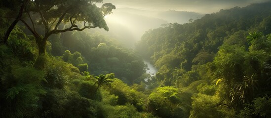 Wall Mural - Majestic aerial view of a river snaking through a dense rainforest.