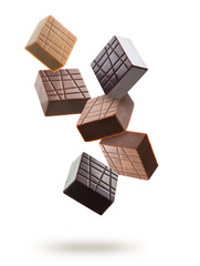 Wall Mural - Assorted chocolate pralines floating on white background