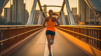 Wall Mural - Female Runner Embracing the Outdoors, Gracefully Racing Across a Scenic Bridge. Generative AI