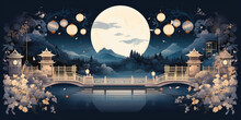 A Creative Mid Autumn Festival Greeting Banner - Cute Rabbits Perched On A Chinese Gate Roof  Mid Autumn Festival Generative AI Digital Illustration