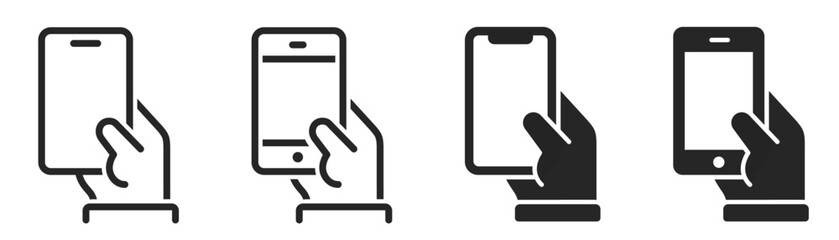 smartphone in hand icons set. hand holding smartphone. smartphone touchscreen tap symbol. mobile pho