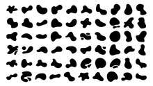 Abstract Organic Black Fluid Blobs Irregular Shapes Set Of Collection For Speech Bubbles. Liquid Shapes, Round Abstract Elements. Simple Blotch Water Forms. Vector Illustration On White Bg.