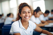 © ADDICTIVE STOCK - Generative AI image of happy young female in uniform smiling while sitting at table in classroom with blurred students