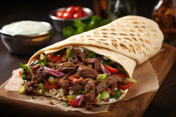 Wall Mural - Shawarma sandwich gyro fresh roll of lavash pita bread chicken beef shawarma falafel RecipeTin Eatsfilled with grilled meat, mushrooms, cheese. Traditional Middle Eastern snack