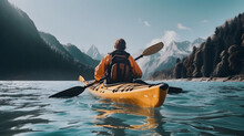 Rear View Of Woman Riding Kayak In Stream With Background Of Beautiful Landscape.