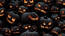 Spooky Black Pumpkin Face, Festive Halloween Celebration, Orange Jack-o'-lanterns, Seamless Halloween Pattern