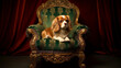 © McKinney Photography - Dog sitting in vintage style wingback chair with green velvet and gold coloring.