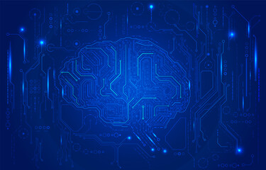 Fototapete - Circuit board line with AI smart brain big data simulation futuristic technology. Artificial intelligence with futuristic learning process template vector concept background.