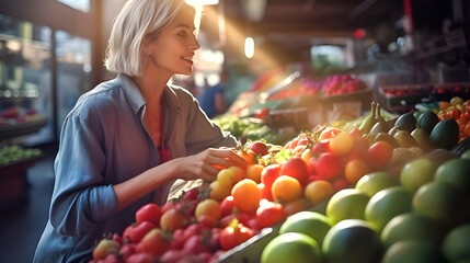 Aged woman choosing fruits and vegetables at street market. Healthy eating, nutritions, organic food concept illustration made with generative AI