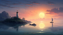 The Lighthouse Is In The Water On A Sunset Background, In The Style Of Digital Painting, Hd Wallpaper, Background, 4k, 8k