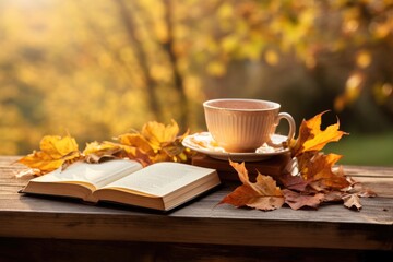 Cup of hot tea and book in the park, autumn leaves , AI Generated