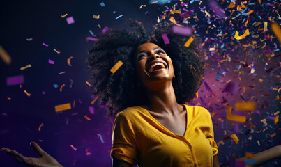 African woman happy and overjoyed after winning a competition celebrations with falling confetti