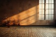 © jp - Mur vide marron et sol en bois avec un reflet intéressant provenant de la fenêtre. Intérieur chaleureux, ia générative