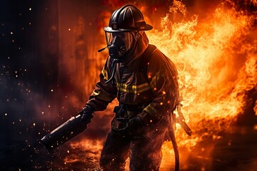 fireman using water and extinguisher to fighting with fire flame in an emergency situation., under danger situation all firemen wearing fire fighter suit for safety. digital art | Generative AI