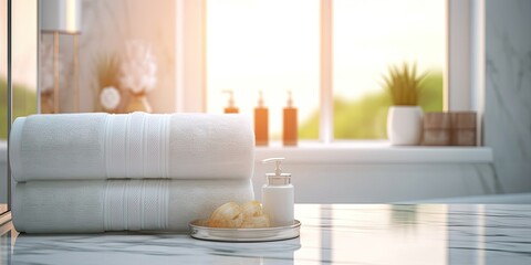 Wall Mural - Empty Table Top in Bathroom with Blurred Background and Copy Space for Product