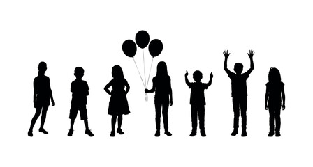 Black silhouettes kids different poses standing in row vector.