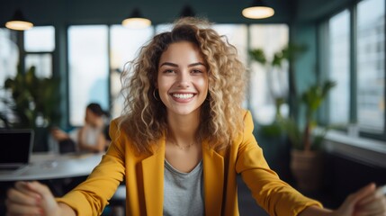 Photo of beautiful happy woman looking at camera while sitting at office. Created with generative ai.