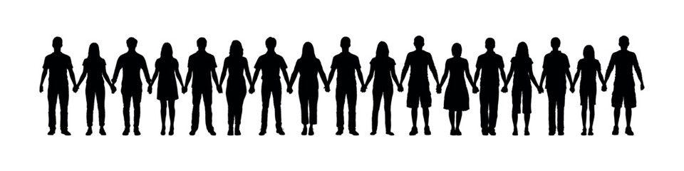 People different ages holding hands together vector silhouette. Human people chain black silhouettes set.