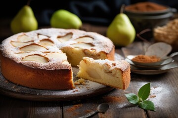 Wall Mural - Delicious homemade pear pie on rustic table, AI Generated