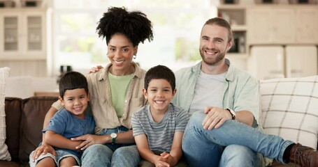 Poster - Smile, love and face of a family on sofa for relaxing and bonding together in the living room. Happy, proud and portrait of boy children sitting with their young interracial parents at modern home.