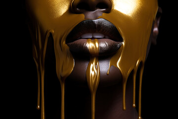  Golden paint drips from the face and lips. Golden drops on girl's mouth. Generative Ai image