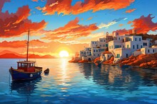 Fishing Boats At Greek Island At Sunset. Artwork Poster Design. Generative Ai Illustration
