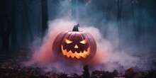 Halloween Concept - Pumpkin With A Scary Luminous Face In Smoke And Neon Light Background, Dark, Copy Space, Generative Ai